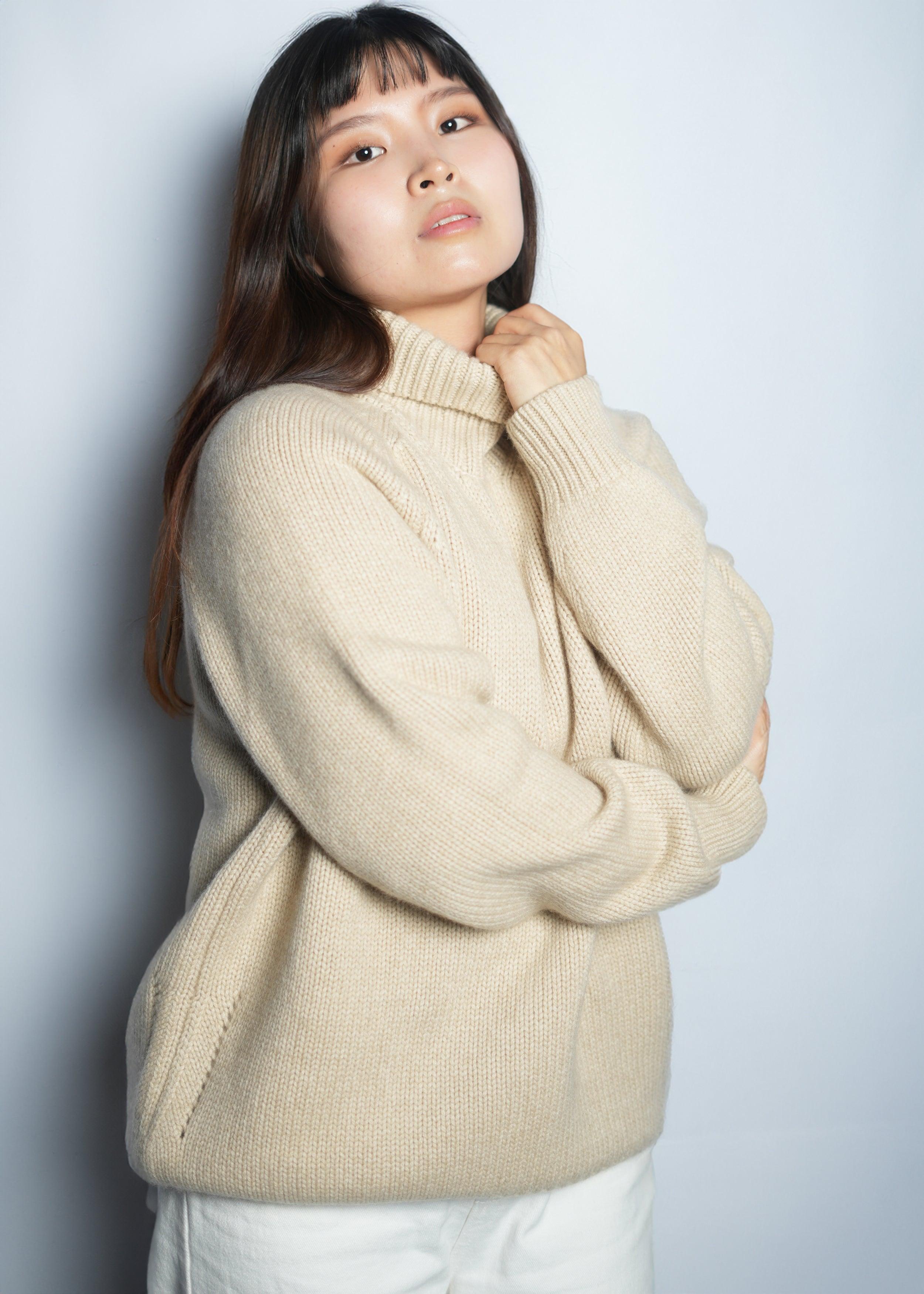 Organic Beige Oversized Turtle Neck Sweater - Kashme