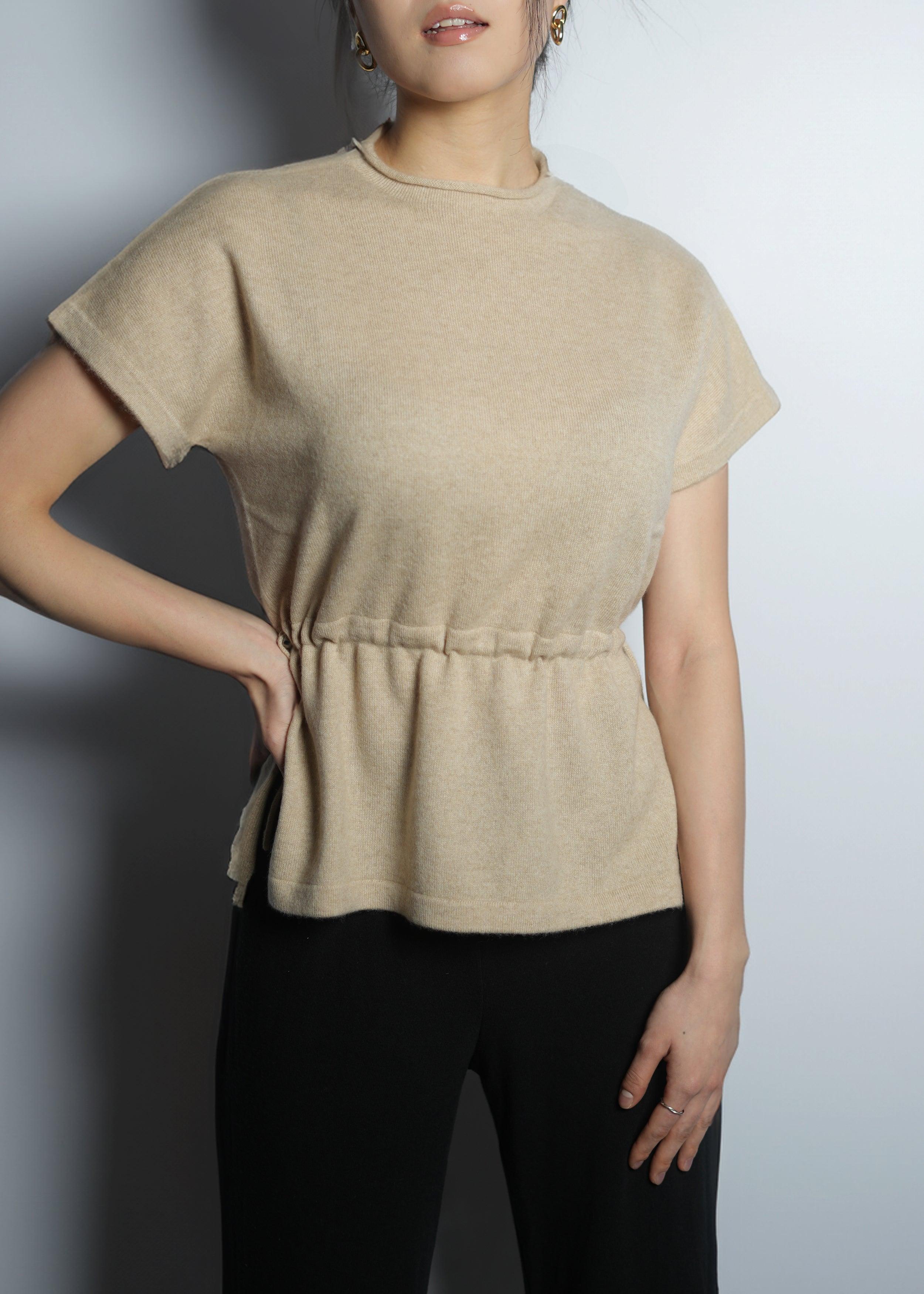 Short Sleeve Waist String Cashmere Shirt - Kashme