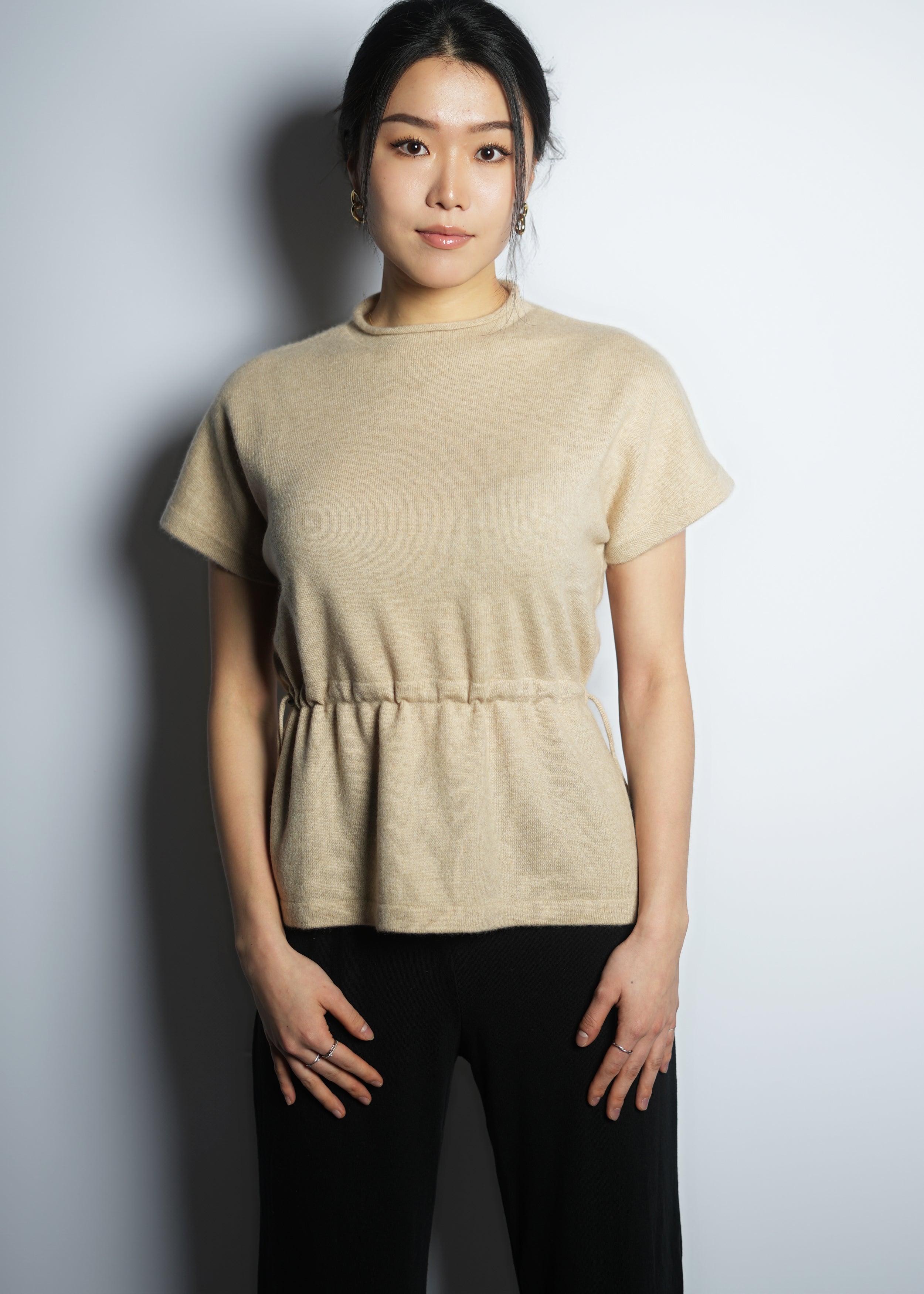 Short Sleeve Waist String Cashmere Shirt - Kashme